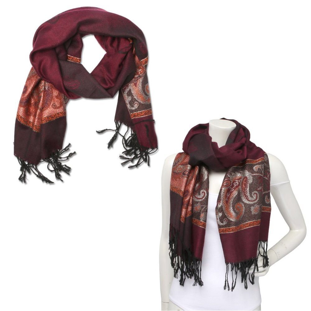 Vintage Paisley Colourblock Scarf Wrap Shawl  Tassel Maroon Wine Brown